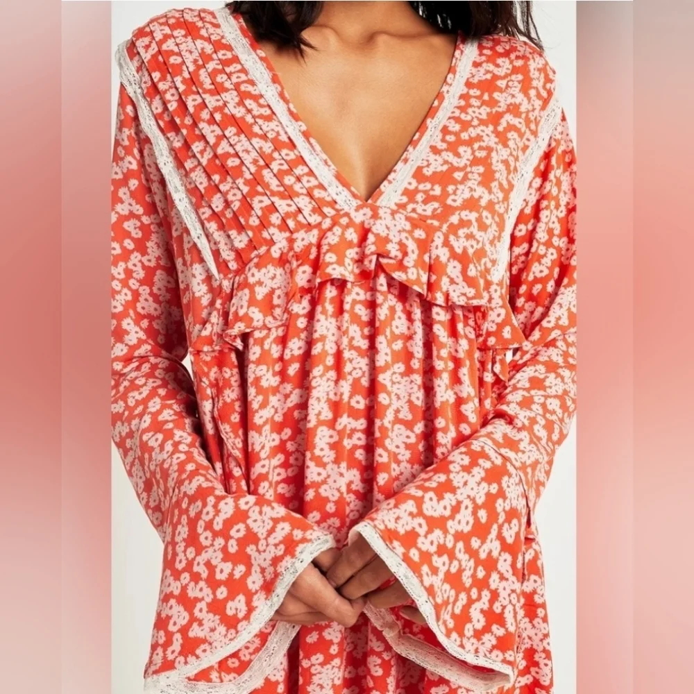 FREE PEOPLE Orange Floral Ruffle Dress Size Large - Picture 2 of 7